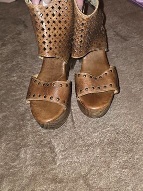 Bed Stu Tan Perforated Leather Studded Platform Mules